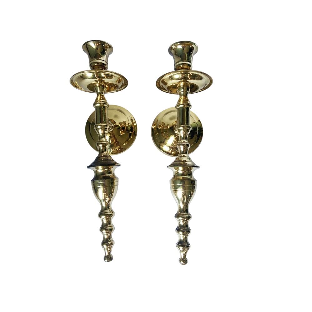 Vintage Pair of Polished Brass Wall Sconces Candle Holders Beautifully Made